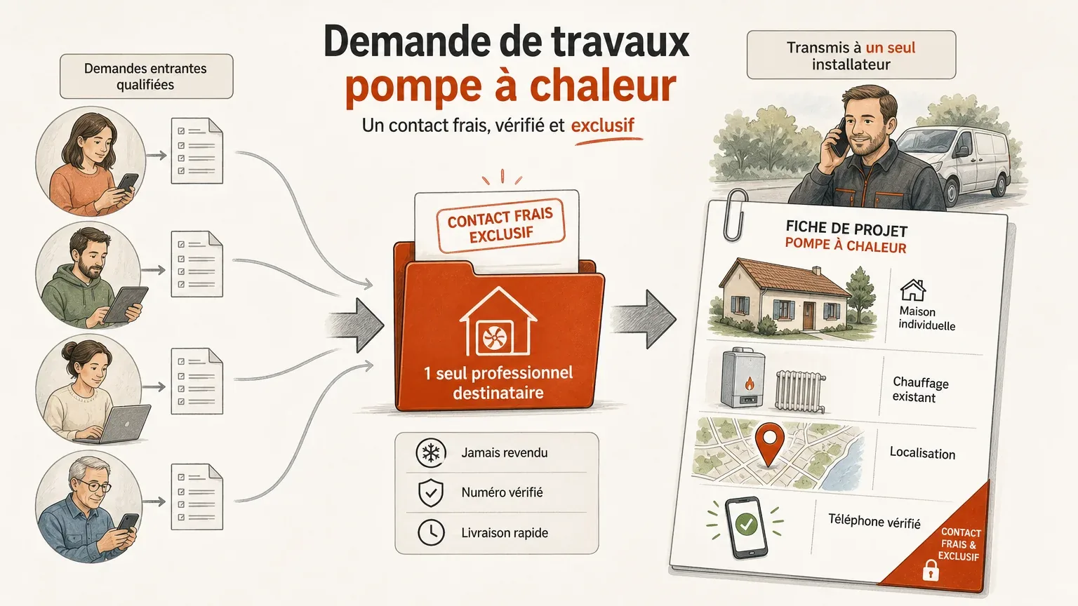 Illustration d’un lead pompe à chaleur exclusif transmis à un installateur