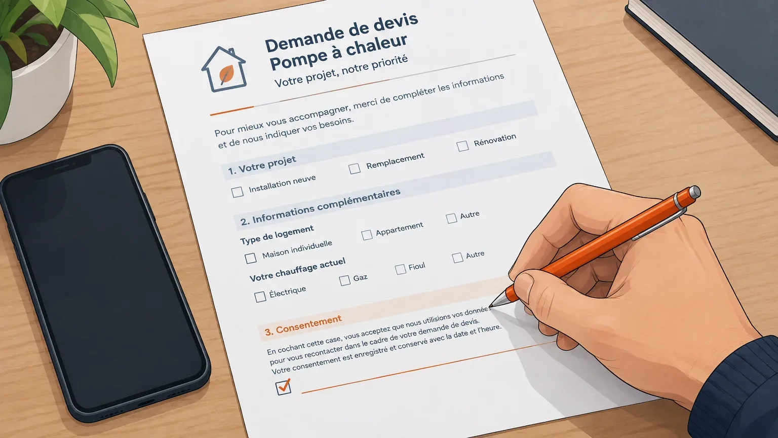 Main vérifiant le consentement sur une demande de devis PAC