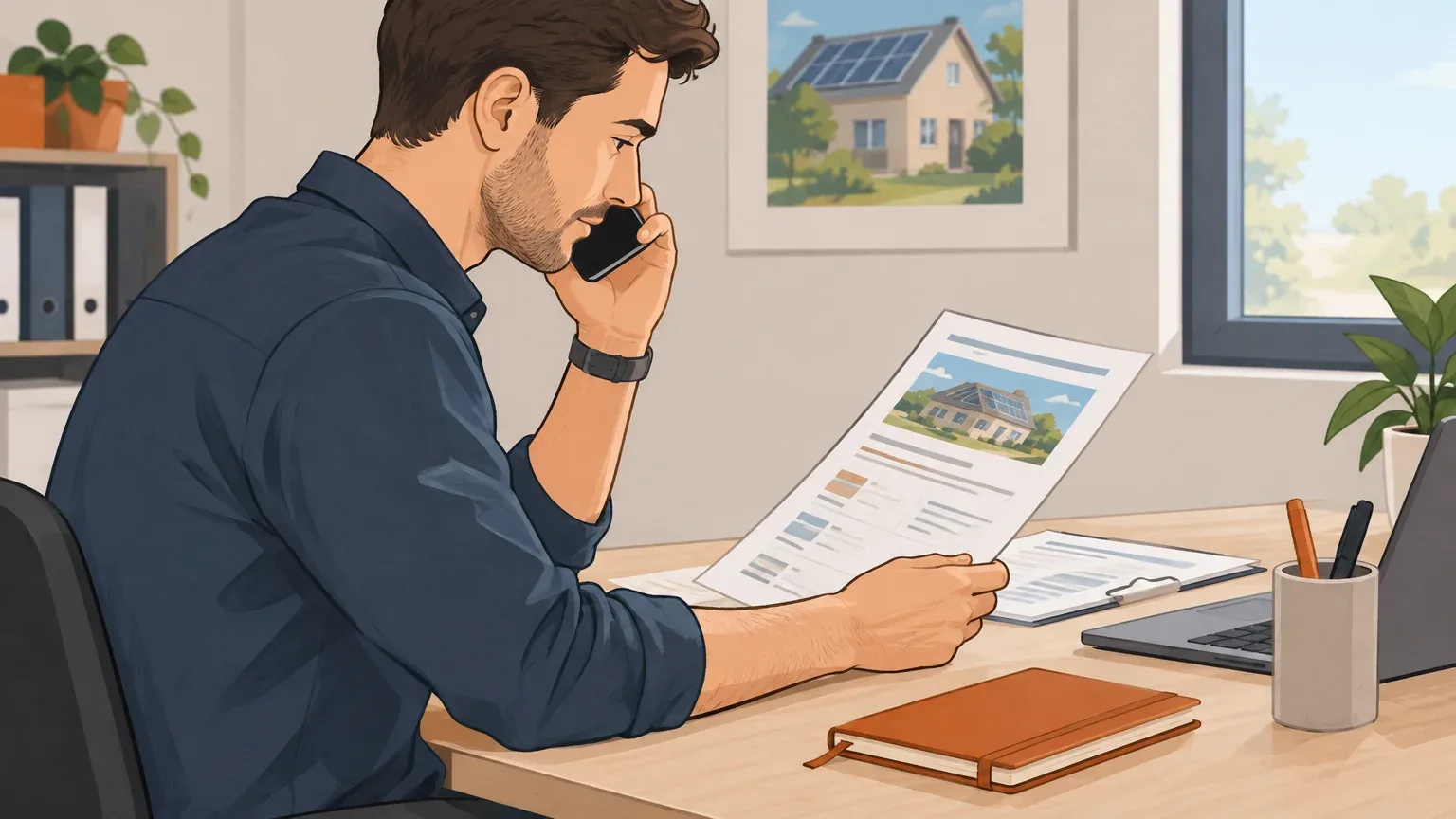 Un commercial photovoltaïque rappelle un prospect en consultant les informations de son projet