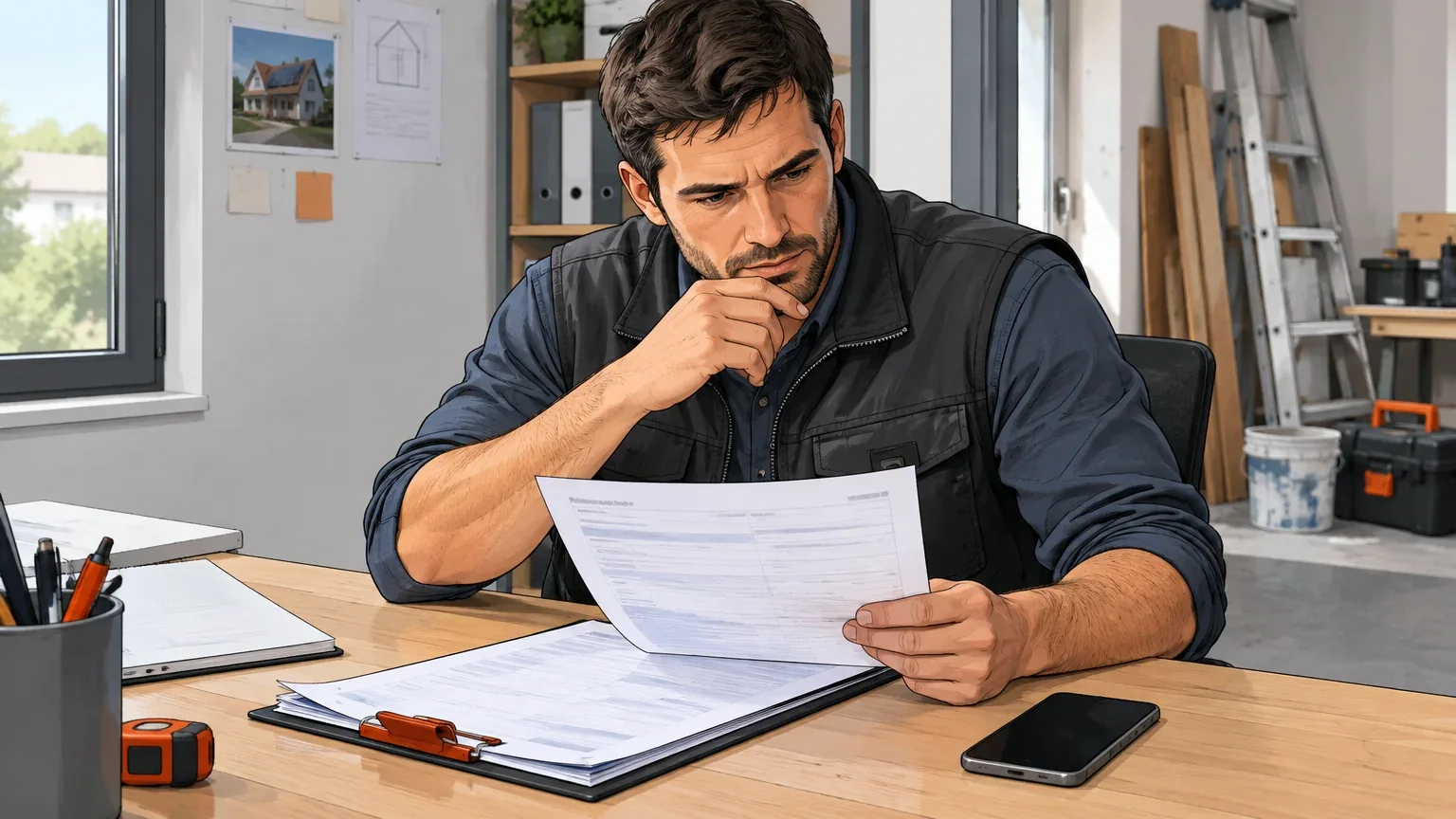Un professionnel du bâtiment vérifie une demande de travaux et les informations du contact