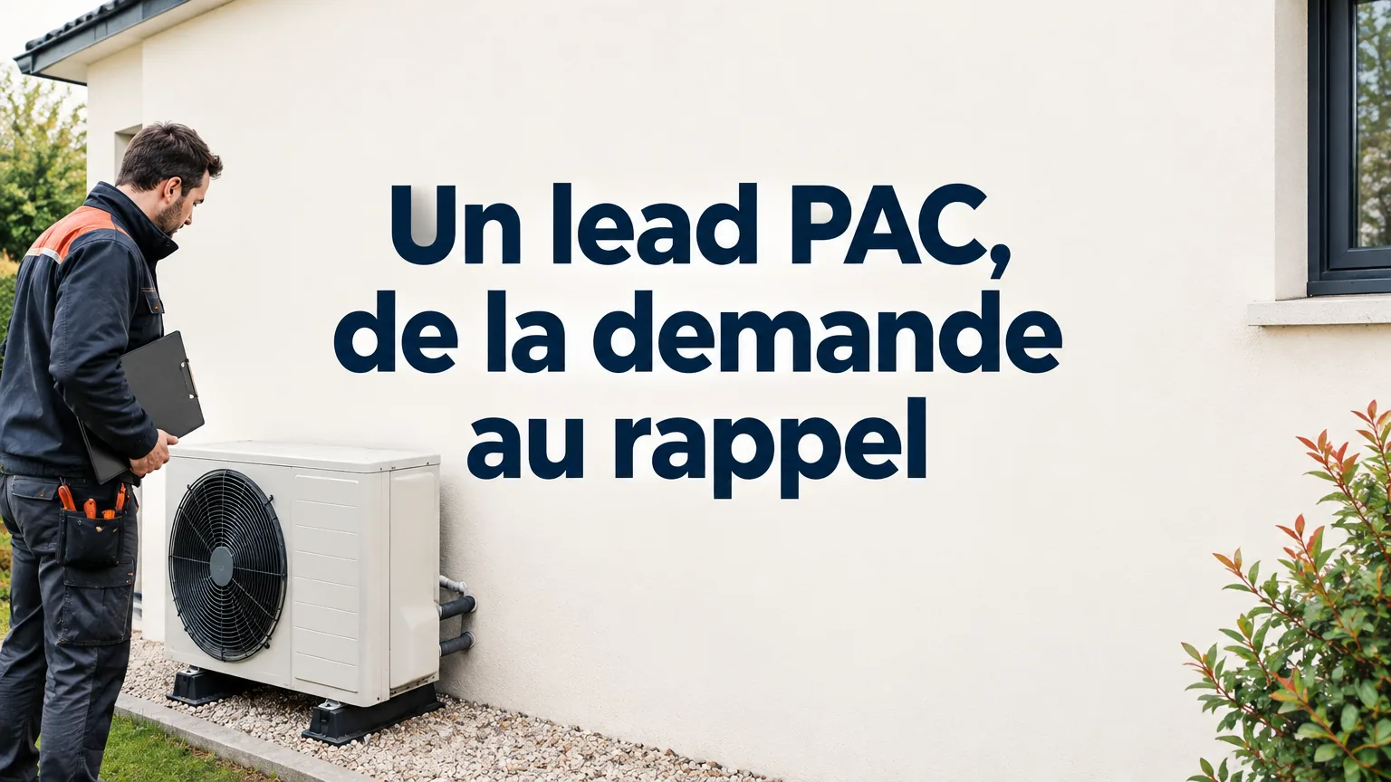 Installateur examinant une pompe à chaleur devant une maison