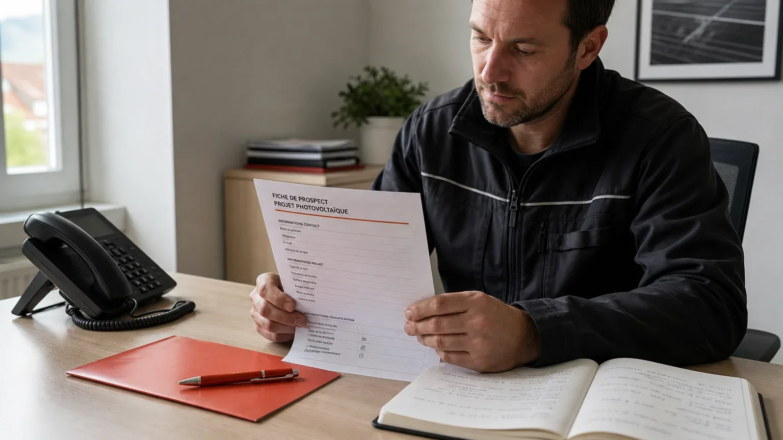 Installateur vérifiant une fiche de prospect photovoltaïque