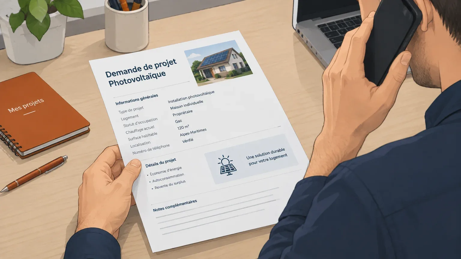 Installateur vérifiant une demande de projet solaire avant de rappeler le prospect