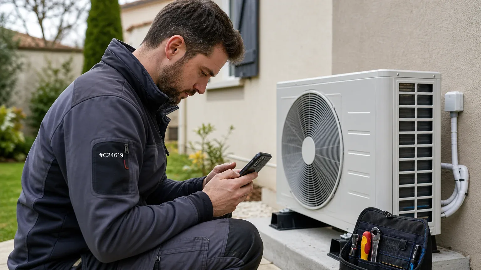 Installateur consultant un lead pompe à chaleur récent sur son téléphone