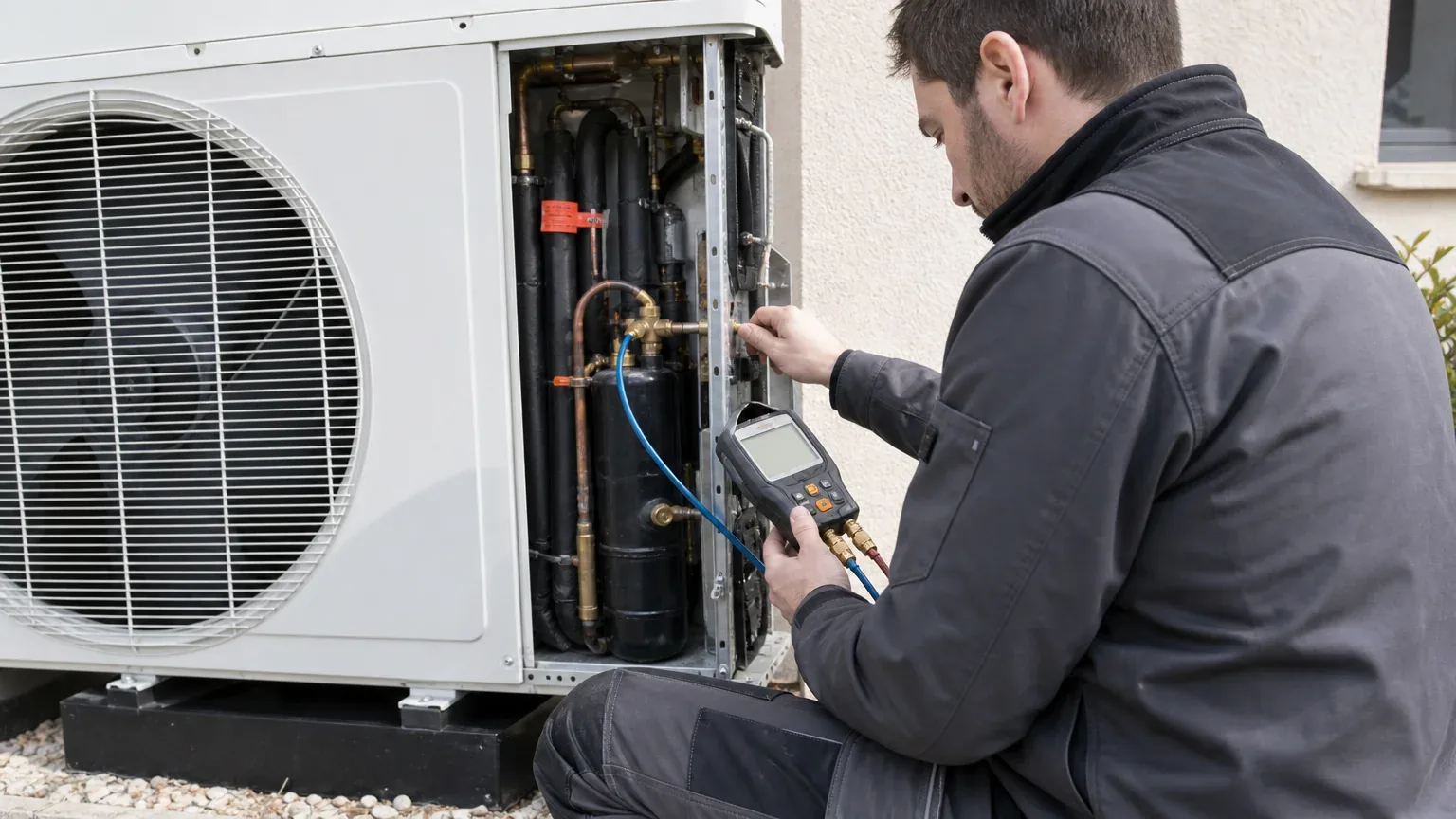 Un professionnel relève les mesures d’une pompe à chaleur air-eau