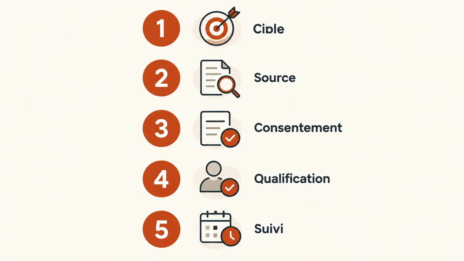 Liste de contrôle pour vérifier la cible, la source, le consentement, la qualification et le suivi d’un lead