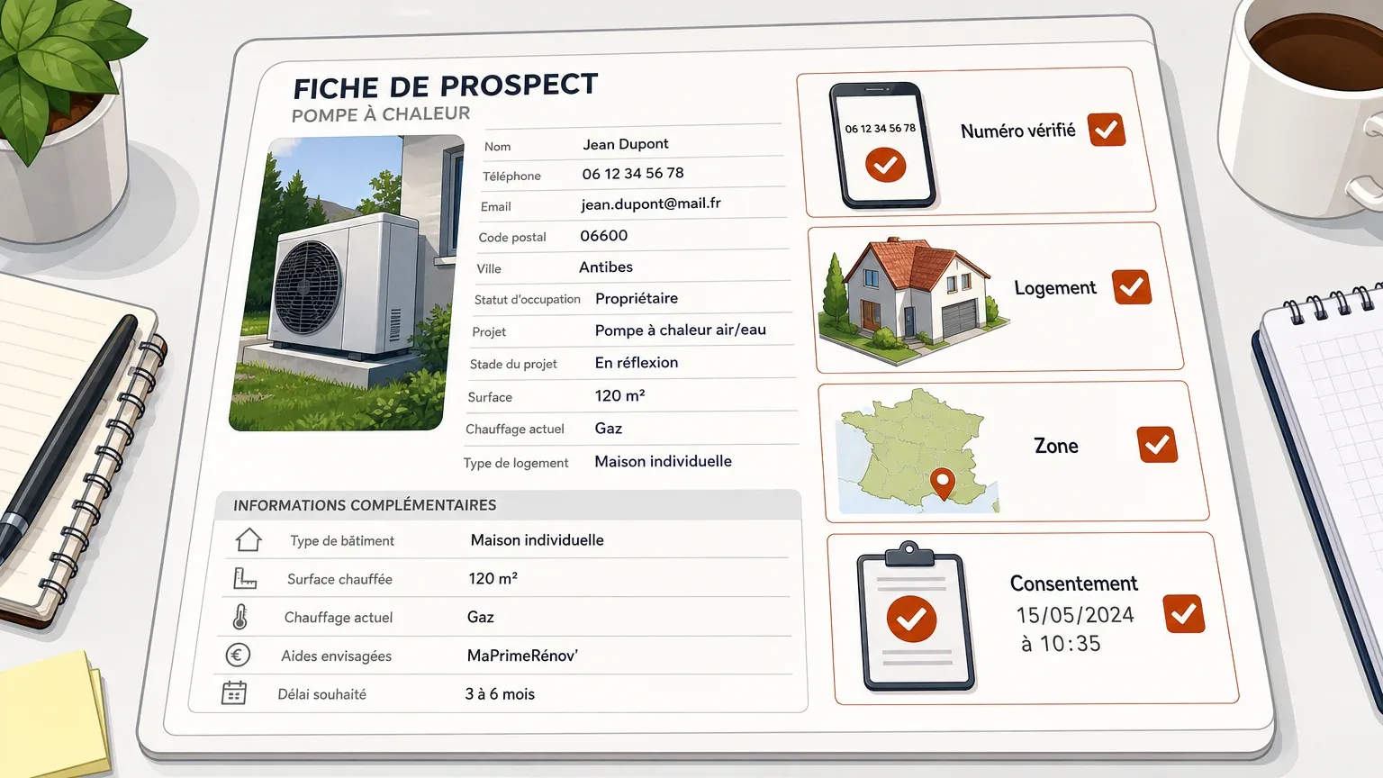 Illustration d’une fiche de lead PAC avec numéro vérifié, logement, zone et consentement