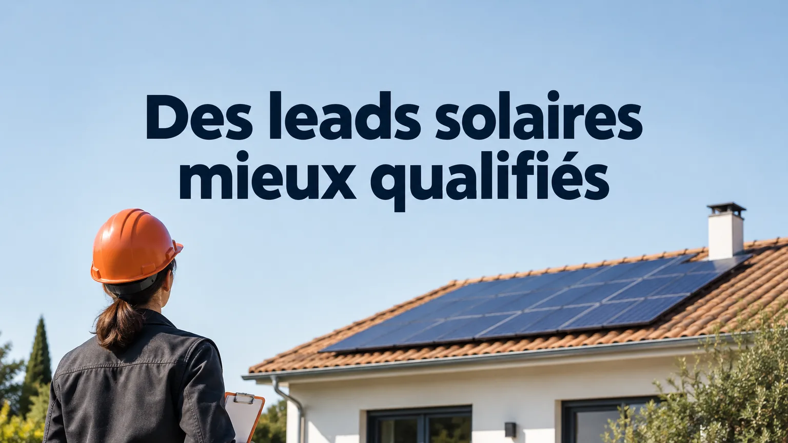 Installatrice observant une toiture équipée de panneaux photovoltaïques