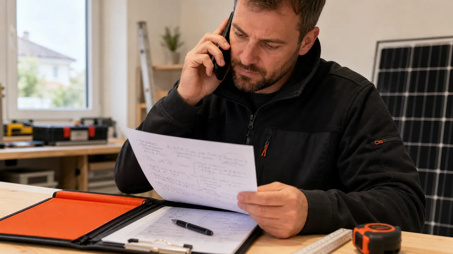 Installateur vérifiant les informations d’un prospect solaire avant son rappel