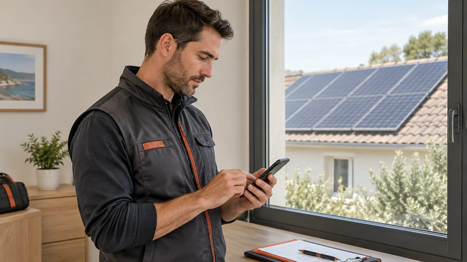 Un installateur consulte une demande solaire près d’une maison équipée de panneaux photovoltaïques