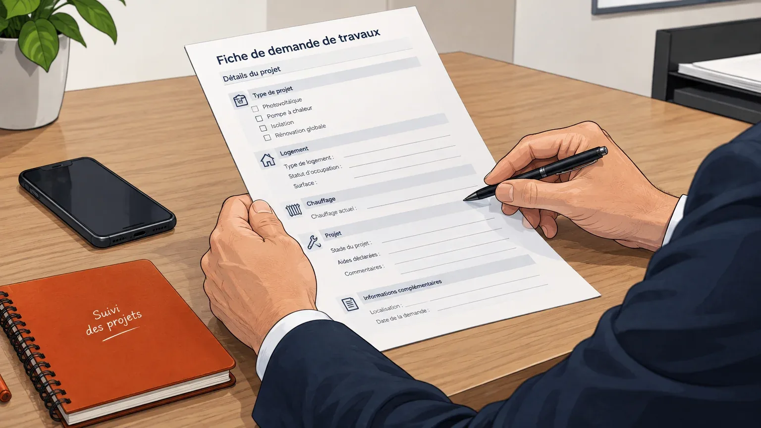 Un conseiller examine une demande de travaux avant de rappeler le prospect
