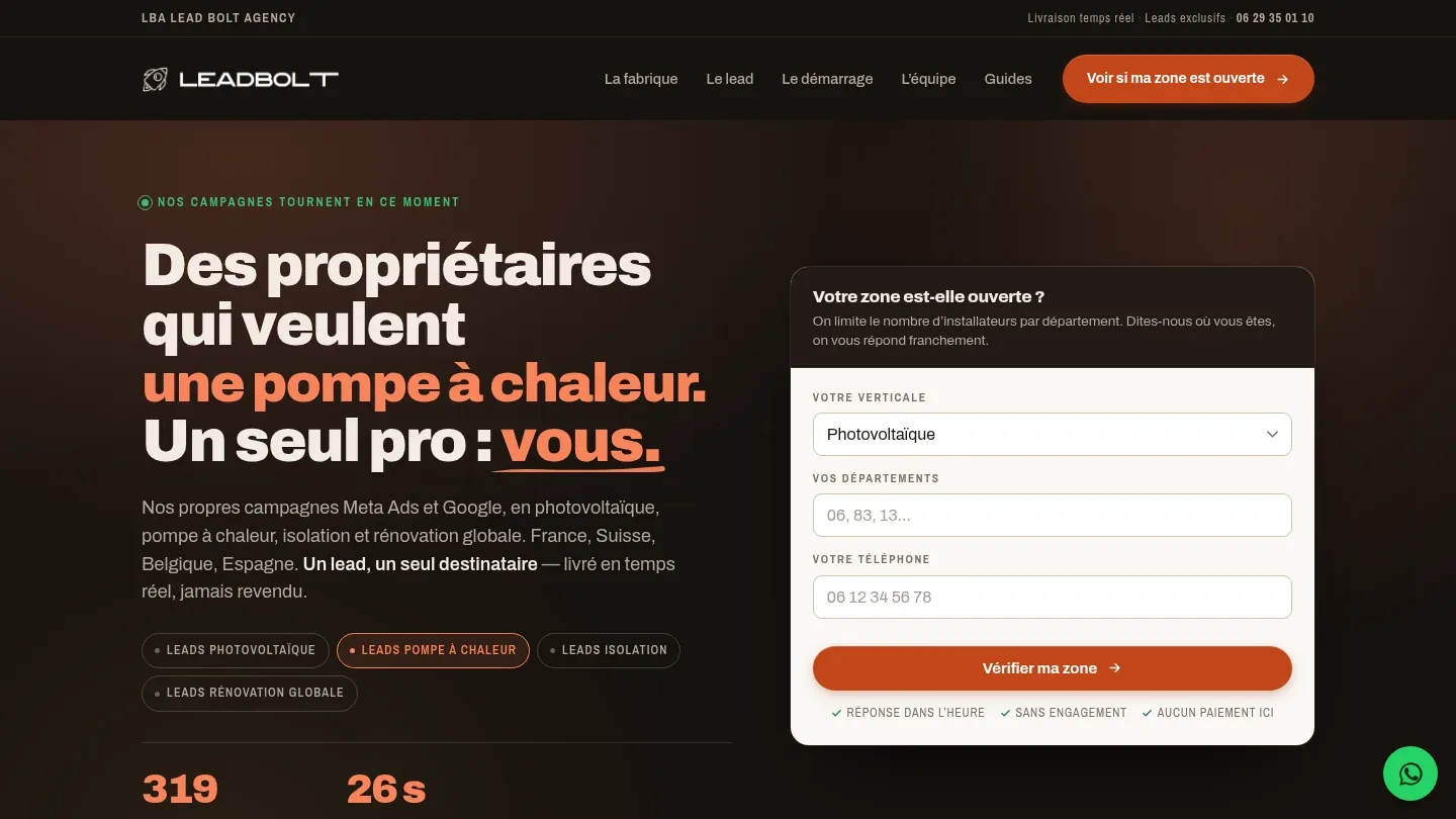 Capture de la page d’accueil de LeadBolt Agency