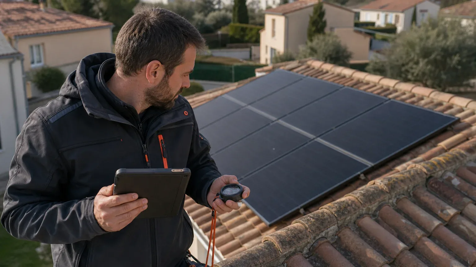 Installateur vérifiant la toiture d’un projet photovoltaïque