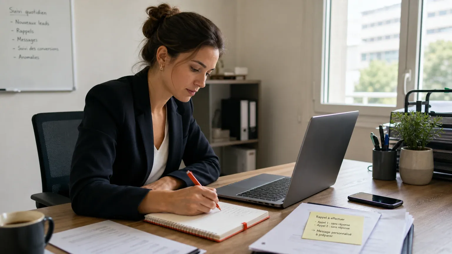 Commerciale préparant une relance personnalisée après plusieurs appels sans réponse