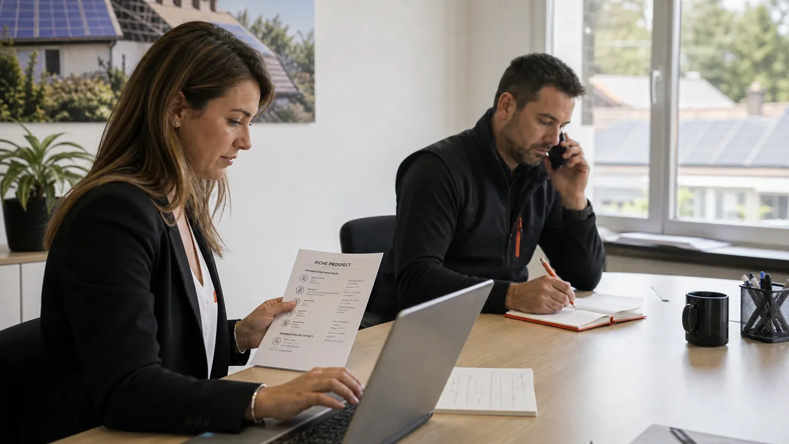 Équipe commerciale rappelant rapidement un prospect photovoltaïque local