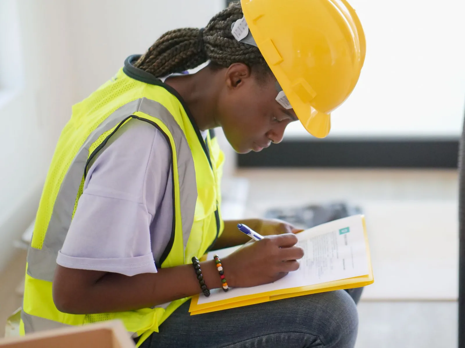 Ouvrière en casque et gilet fluo remplissant un document sur un chantier