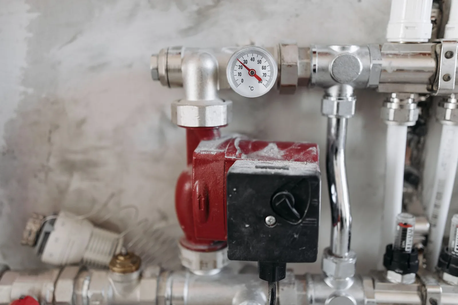 Circulateur rouge et thermomètre sur les tuyauteries d'une installation de chauffage